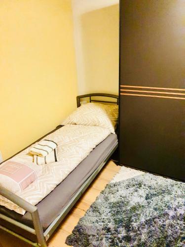 リンツにあるVictoryForYou Unterkunftのラグ付きの客室の小さなベッド1台分です。