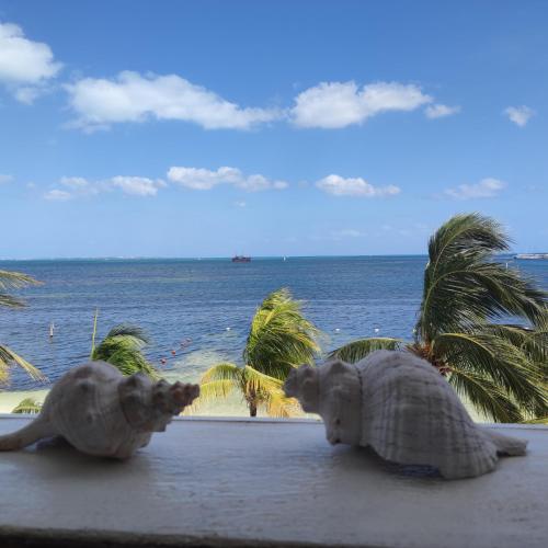 two elephant statues sitting on a ledge near the ocean at Bella Beach Condo Cancun in Cancún