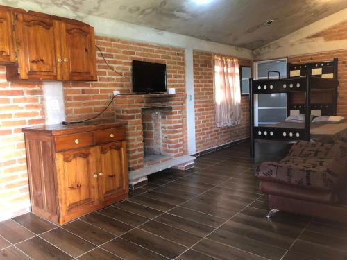 sala de estar con pared de ladrillo y chimenea en CABAÑAS TLAXCO LA LOMA, en Tlaxco de Morelos