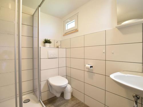 a white bathroom with a toilet and a sink at Ground-Floor Getaway with Garden in Insel Poel