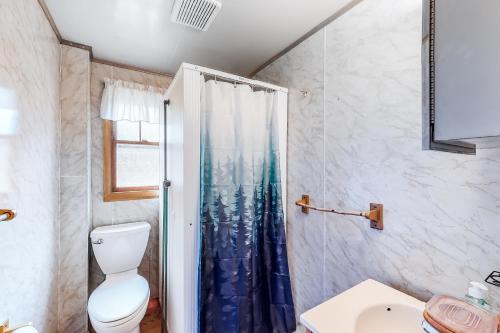 a bathroom with a shower with a toilet and a sink at Rustic Camp in Greenville