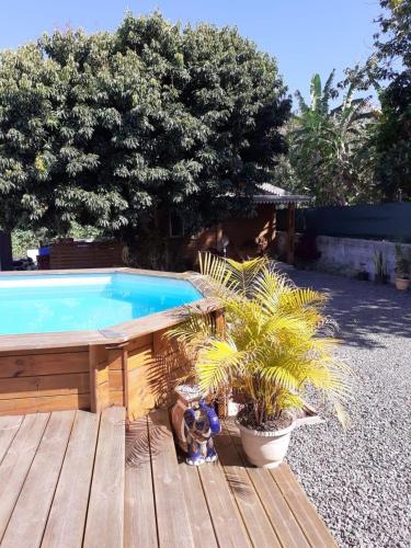 - une piscine installée à côté d'une terrasse en bois ornée de plantes dans l'établissement Ti Kaban Letchi, à Le Tampon