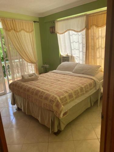 a bed in a bedroom with green walls and windows at Posada Natytali in San Andrés