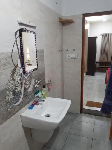 a bathroom with a sink and a mirror on the wall at Nature Villa Kochi in Alwaye