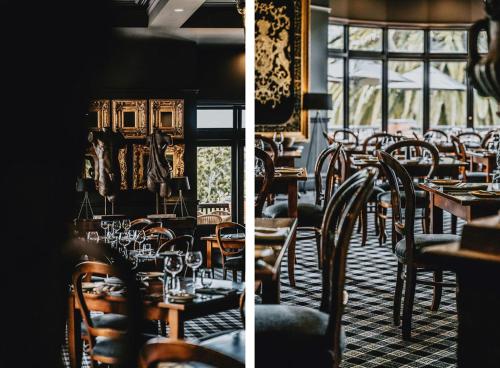 two pictures of a restaurant with tables and chairs at Hotel Bellinzona Daylesford in Hepburn Springs
