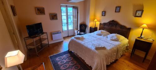 une chambre avec un grand lit et une télévision dans l'établissement Le Moulin de Mansle, à Mansle