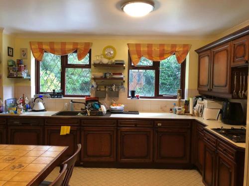 Tadworth的住宿－Hudsons，厨房配有木制橱柜、桌子和2扇窗户。