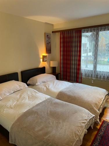 dwa łóżka siedzące obok siebie w sypialni w obiekcie Haus Residence Wohnungen ground floor 003 w mieście Täsch