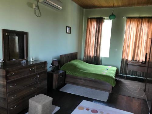 een slaapkamer met een groen bed en een dressoir bij Barsa in Zestafoni