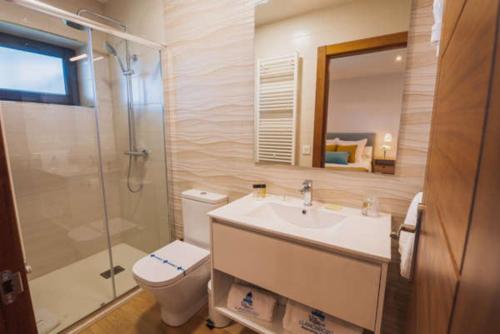 La salle de bains est pourvue de toilettes, d'un lavabo et d'une douche. dans l'établissement Apartamentos Mirador de Vidío, à Cudillero