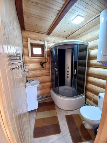 La salle de bains est pourvue d'une grande douche et de toilettes. dans l'établissement Маєток У ҐАЗДИ, à Synevyrsʼka Polyana