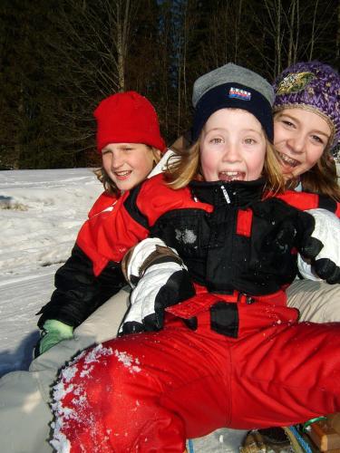 three young girls are sitting in the snow at Ferienhof Grossgrub in Vorderstoder