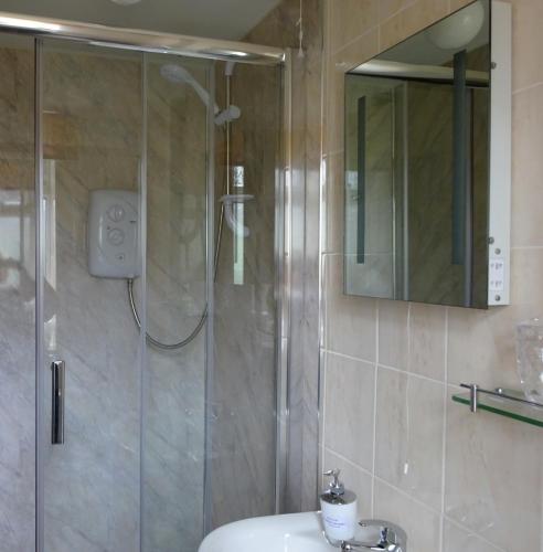 a bathroom with a shower and a sink and a mirror at Yew Tree Farm in Congleton