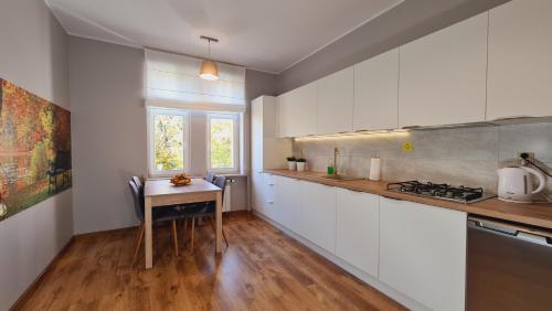 een kleine keuken met een tafel en een aanrecht bij Apartament Parkowy Piątka in Gniezno