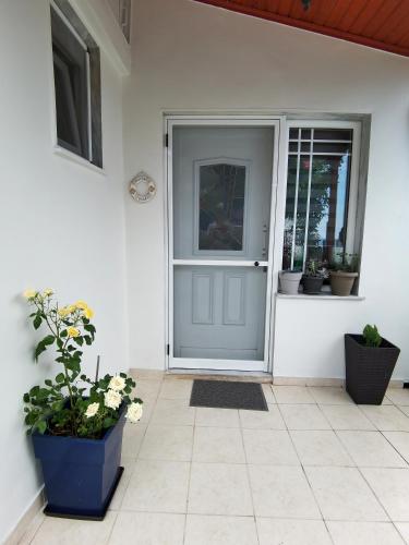 a front door of a house with potted plants at Sailor's Delight in Kavala
