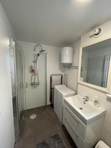 bagno con lavandino, specchio e doccia di Båstad a Båstad