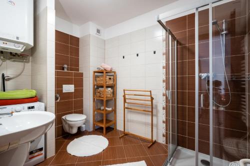 y baño con ducha, aseo y lavamanos. en Apartment Amelia Tale-Wellness 5 min-Chopok-View-Balcony-Washer-Hiking, en Horná Lehota