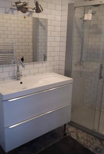 une salle de bain blanche avec un lavabo et une douche dans l'établissement Château de l Herm, Lascaux, Sarlat, en Périgord Noir, à Rouffignac-Saint-Cernin-de-Reilhac