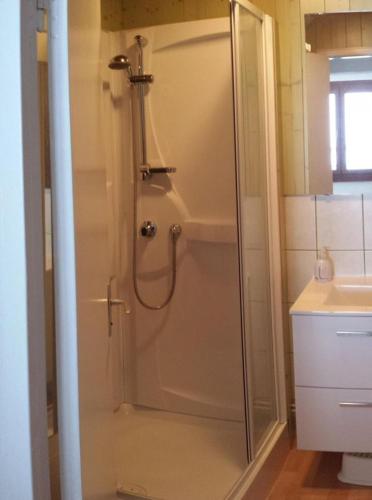 une douche avec une porte vitrée dans une salle de bain dans l'établissement LE BOIS JOLI Chalet 4 étoiles CLEDICIHOME Cadre paisible en lisière de forêt, à Gérardmer