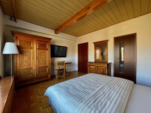 a bedroom with a bed and a desk and a television at Wellness Villa Totina in Liptovský Mikuláš – Demänová