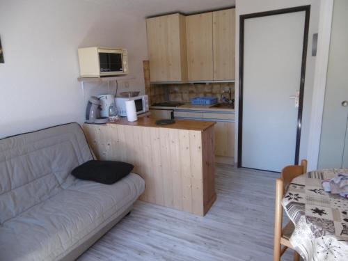 a living room with a couch and a kitchen at Studio 4/5 personnes 2 étoiles in Saint-Lary-Soulan