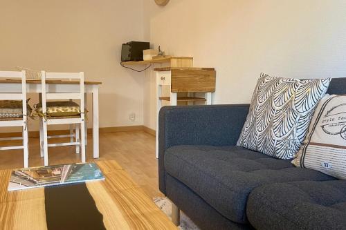 un salon avec un canapé bleu et une table dans l'établissement Sully II - Apartment of 33 sqm with parking 400m from Lake Annecy, à Annecy