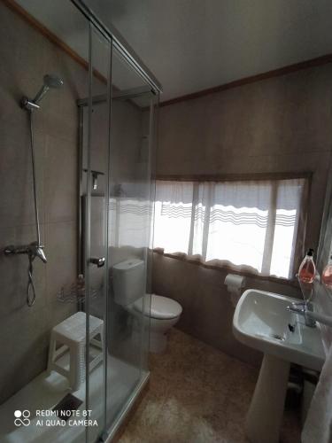 a bathroom with a shower and a toilet and a sink at Les Fonts in Cabacés