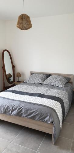 1 dormitorio con cama, espejo y lámpara en Très beau T2 au coeur de la citée thermale, en Châtel-Guyon