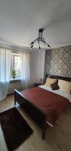 a bedroom with a large bed and a window at Apartament A&S Relax in Wałbrzych
