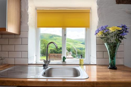 eine Küchenspüle mit einer Vase aus Blumen neben einem Fenster in der Unterkunft The Cowshed in Bryn-crug