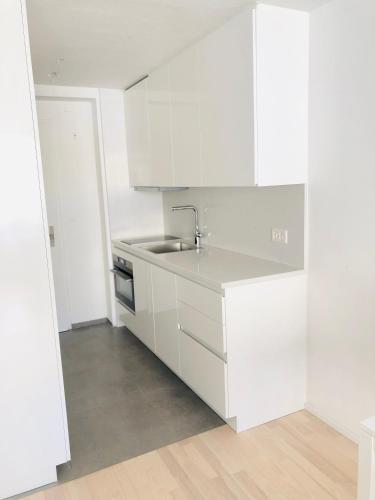 a white kitchen with a sink and white cabinets at Davos Holiday Apartment in Davos
