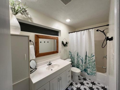 a bathroom with a sink and a toilet and a shower at The Burque Boho House in Albuquerque