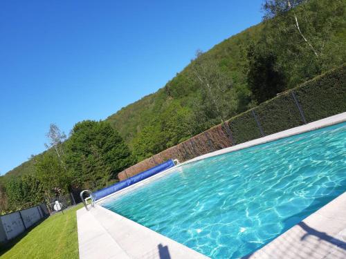 una piscina con una montaña en el fondo en Auberge Le Vieux Moulin, en Poupehan