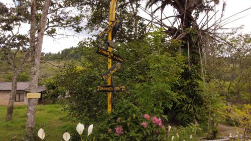 a yellow pole with signs on it in a garden at Green Hostal Popayan in Popayan