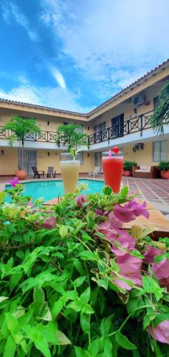 a hotel with a pool and some plants and flowers at Najhomi Beach in Santa Marta