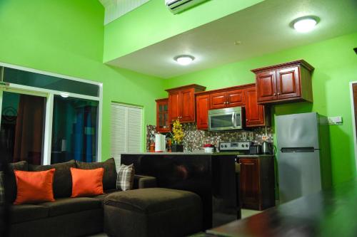a living room with a couch and a kitchen at GK Luxury Apartment in Kingston