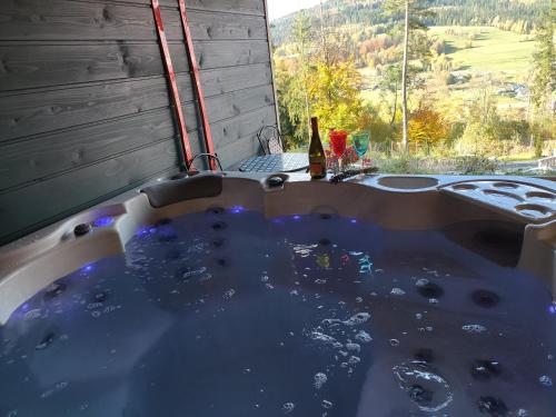 a bath tub with a bottle of beer in it at Apartamenty Lavender Hill in Wisła