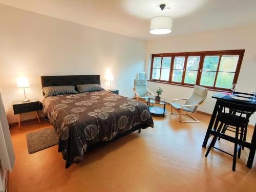 - une chambre avec un lit, une table et des chaises dans l'établissement Lumineux Appartement Free Parking Nature Ville tt équipé, à Thann