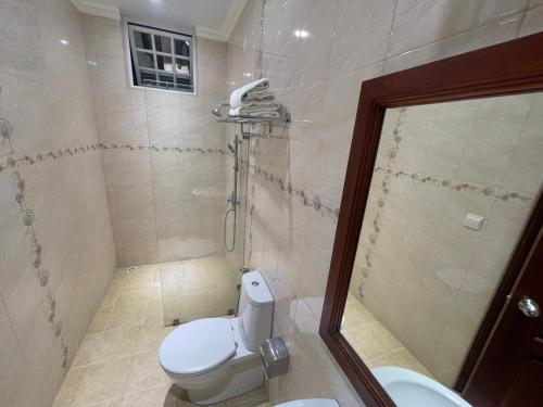 a bathroom with a white toilet and a shower at Vista Villa in Hithadhoo