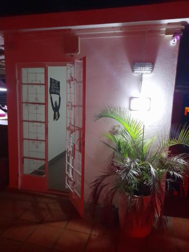 a room with a red door and a plant at Villa Osumare Guest House in Flic-en-Flac