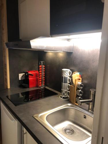 a kitchen counter with a sink and a counter top at Cocon au cœur de Yvoire avec parking gratuit in Yvoire