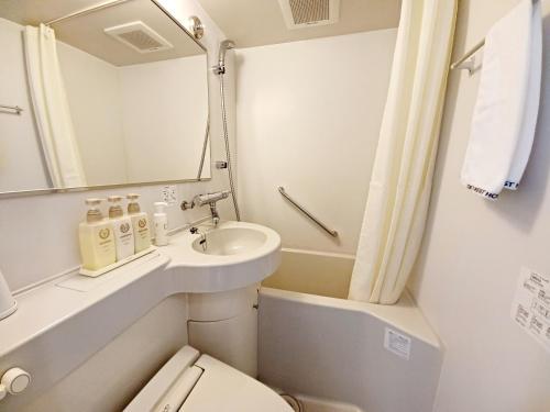 a small bathroom with a sink and a toilet at Akasaka Urban Hotel in Tokyo