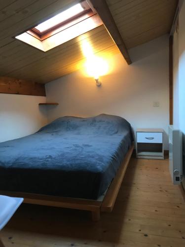 a bedroom with a bed and a skylight at À 150m de la plage in La Bétaudière