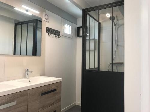 a bathroom with a sink and a shower at À 150m de la plage in La Bétaudière