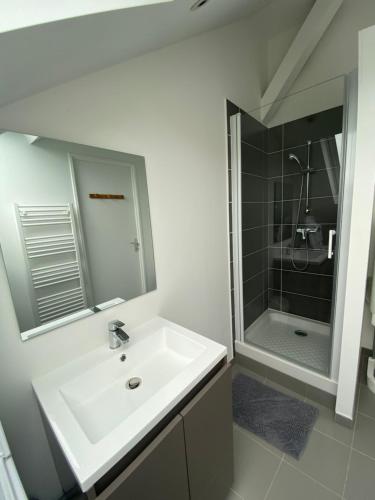 une salle de bain avec un lavabo blanc et une douche dans l'établissement Vivez l'Echappée mer - 4 chemins - St Vincent - Plage, au Havre