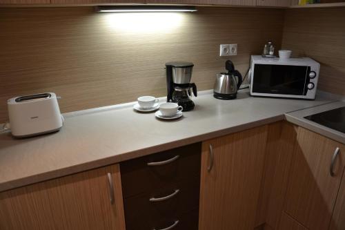 eine Küchentheke mit Kaffeemaschine und Mikrowelle in der Unterkunft Apartmán v Starej Lesnej s balkónom in Stará Lesná