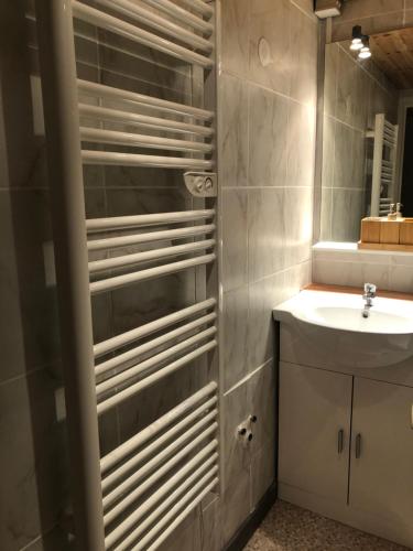 a bathroom with a sink and a mirror at Cocon au cœur de Yvoire avec parking gratuit in Yvoire