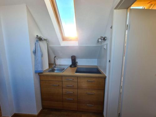 eine kleine Küche mit einem Waschbecken und einem Dachfenster in der Unterkunft Ferienwohnung Rotmoosblick direkt am Rande unberührter Natur in Isny im Allgäu