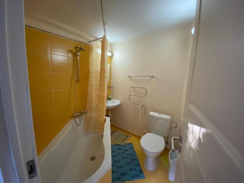 a bathroom with a tub and a toilet and a sink at Kalnas II apartaments in Juodkrantė