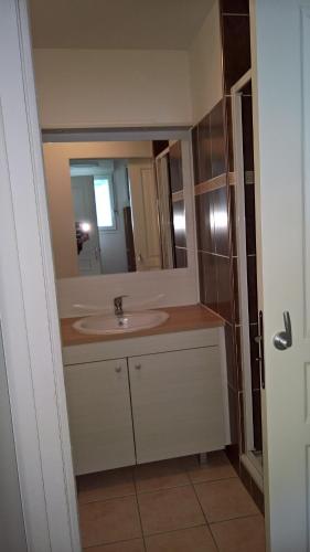 a bathroom with a sink and a mirror at Le Belvédère in Saint-Mamet